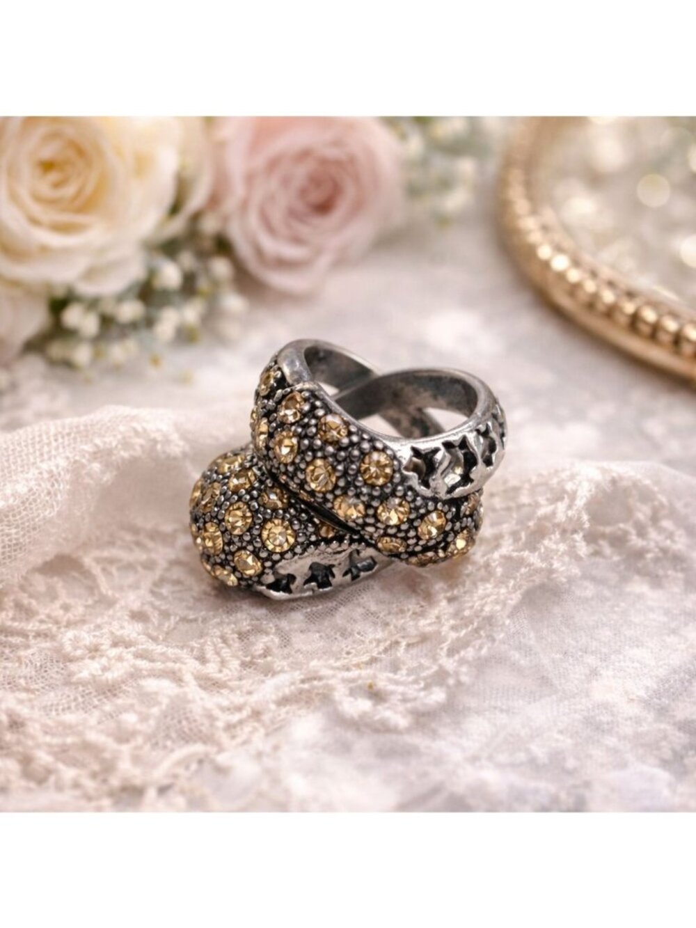 Crystal-Studded Antique-Style‎ Metal Wrap Ring With Star Cutouts Size 8